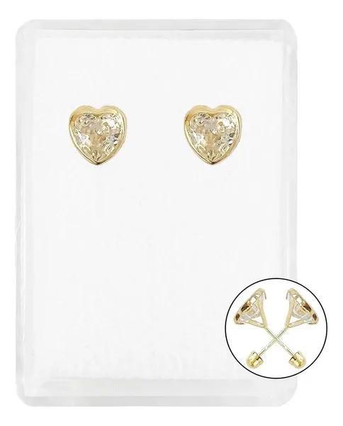 Aretes Broquel Corazón Oro 10k Zirconia Transparente - Imagen 1