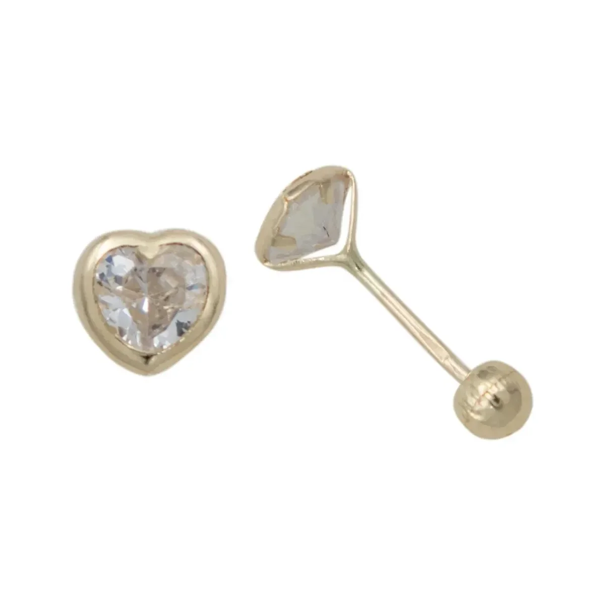 Aretes Broquel Corazón Oro 10k Zirconia Transparente A Presión - Imagen 3