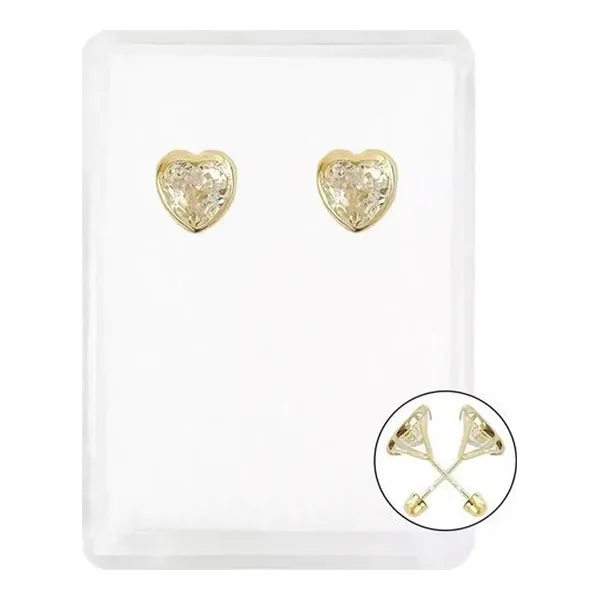Aretes Broquel Corazón Oro 10k Zirconia Transparente - Imagen 1
