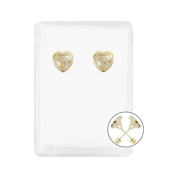 Aretes Broquel Corazón Oro 10k Zirconia Transparente - Imagen 1