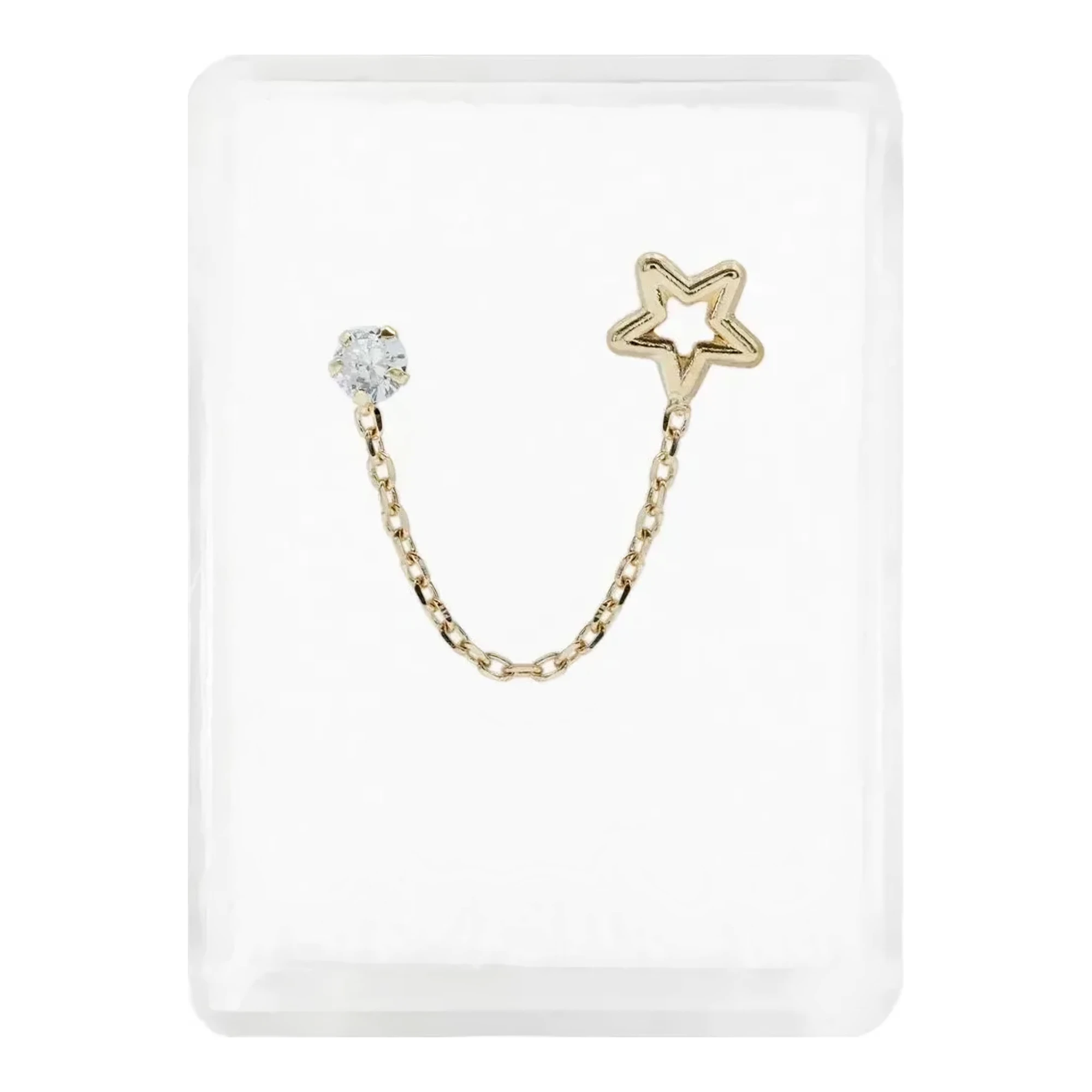 Aretes broquel de oro 10k con cadena y zirconia estrella. Aretes de oro modernos, delicados, oro amarillo hecho en México.