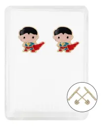 Aretes Broquel Oro 10k Diseño Cómic Esmalte Rojo y Azul - Imagen 1