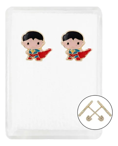 Aretes Broquel Diseño Cómic Oro 10k Esmalte Rojo y Azul - Imagen 1