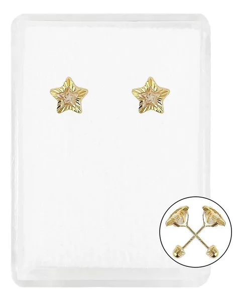 Aretes Broquel Oro 10k Estrella Diamantada con Zirconia - Imagen 1