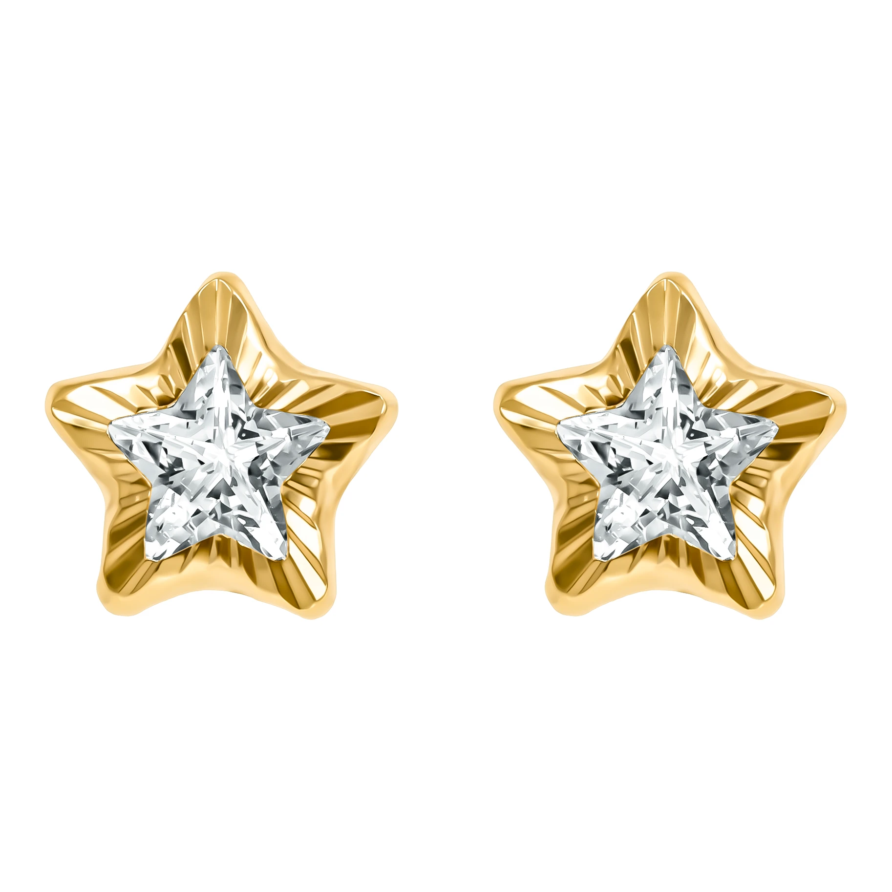Broqueles estrella oro 10k con piedra zirconia blanca facetada bisel diamantado y broche a rosca dormilonas para oreja