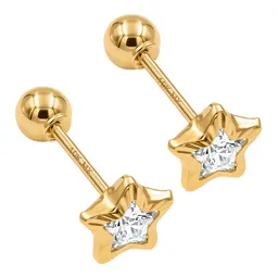 Aretes Broquel Estrella Oro 10k con Zirconia y Detalle Diamantado - Imagen 3