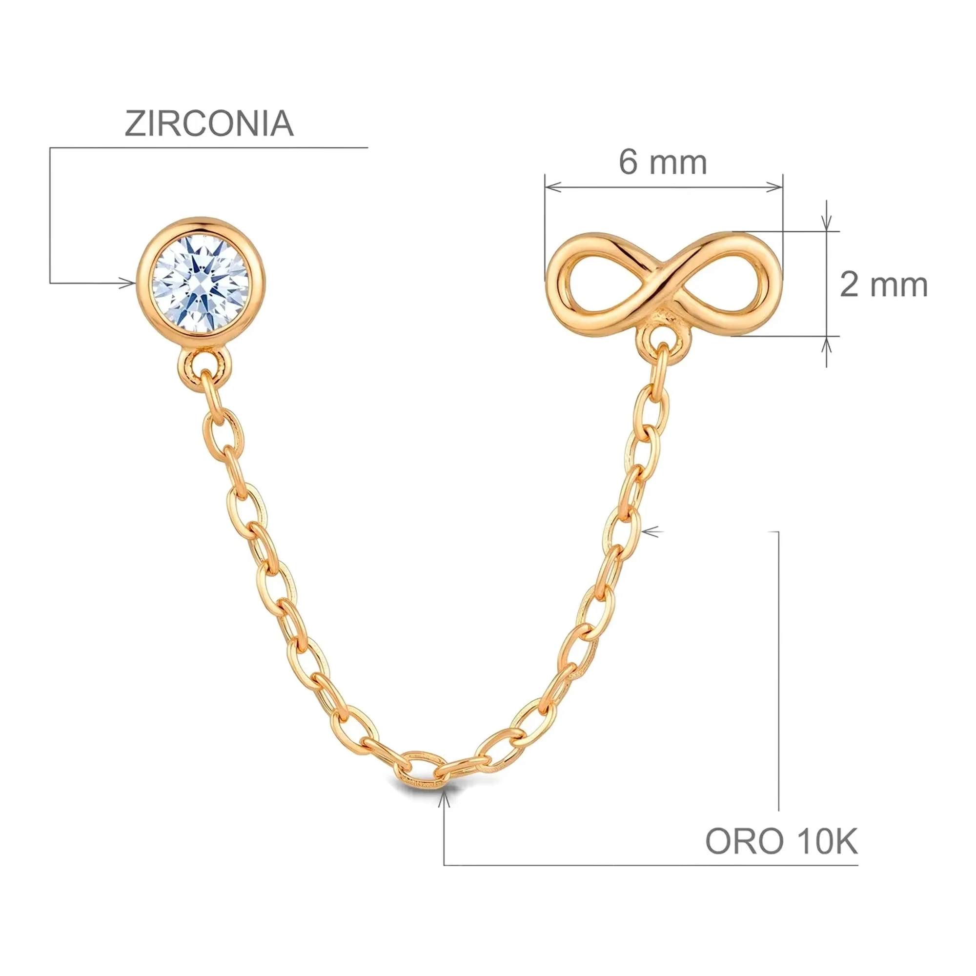 Aretes Broquel Infinito Cadena Oro 10k Zirconia - Imagen 2