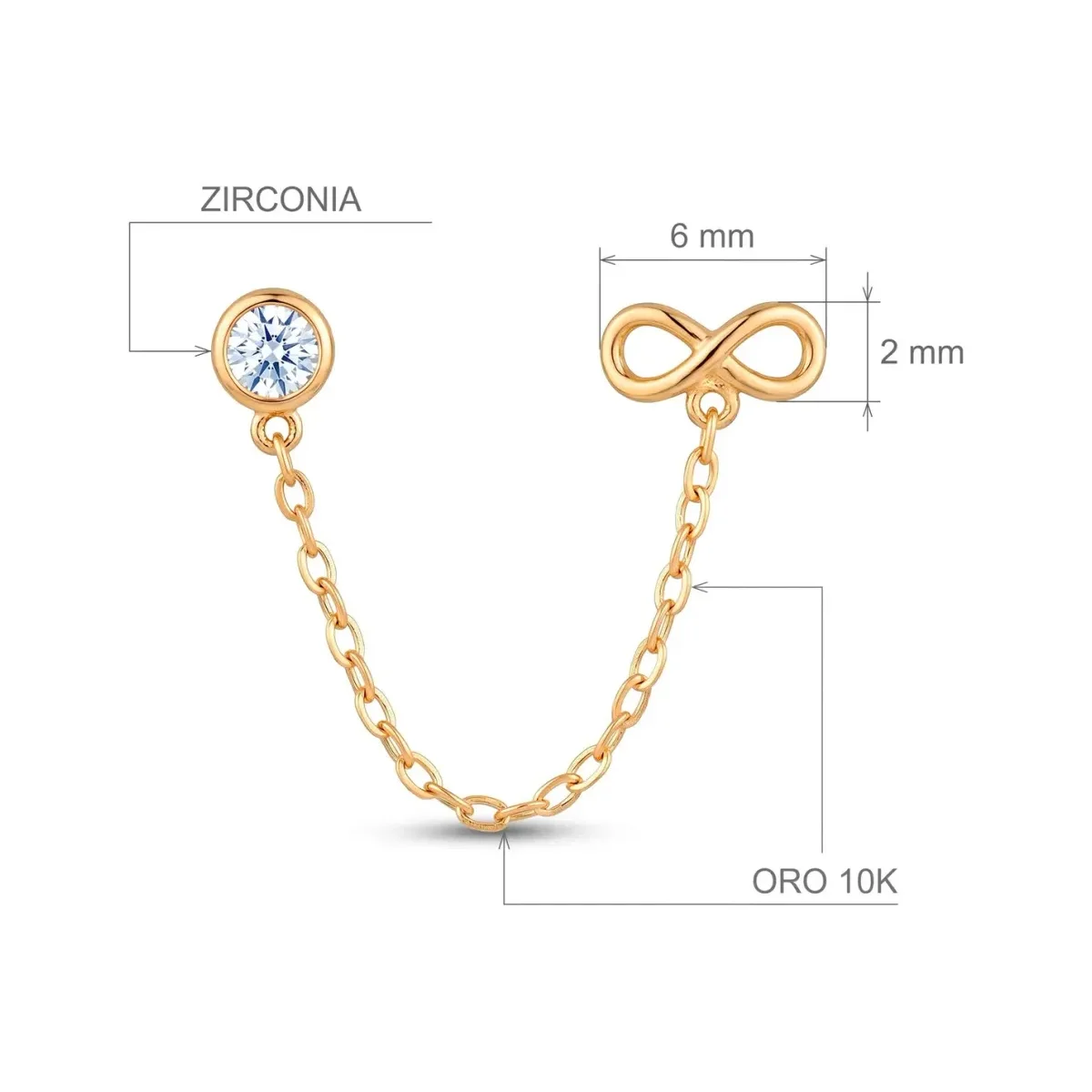 Aretes Broquel Infinito Cadena Oro 10k Zirconia - Imagen 2