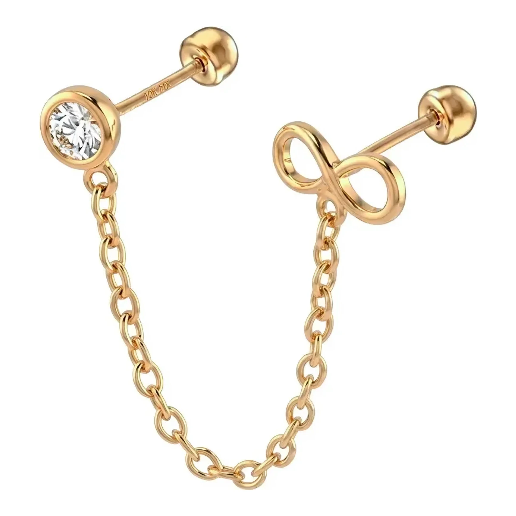 Aretes Broquel Infinito Cadena Oro 10k Zirconia - Imagen 3