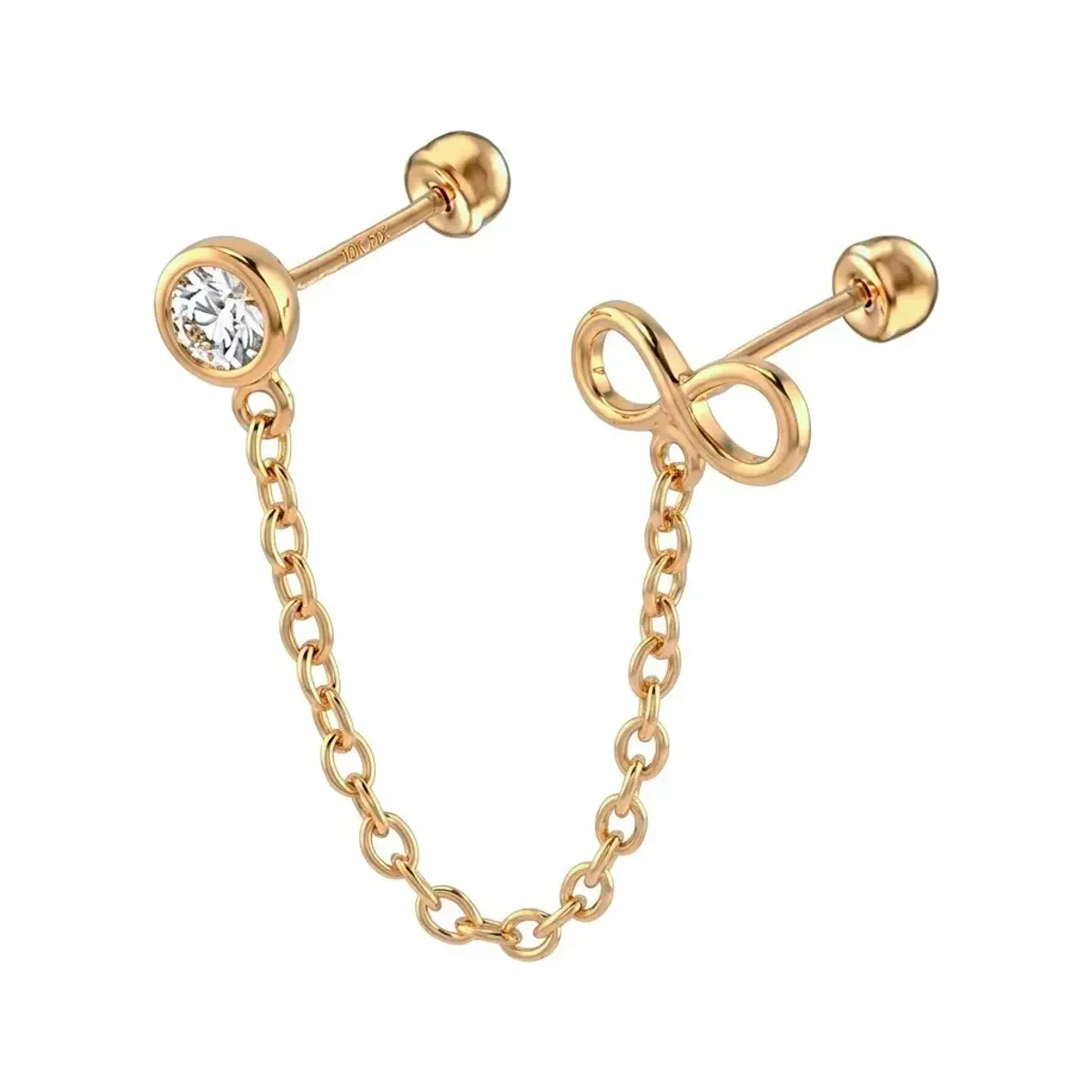 Aretes Broquel Infinito Cadena Oro 10k Zirconia - Imagen 3