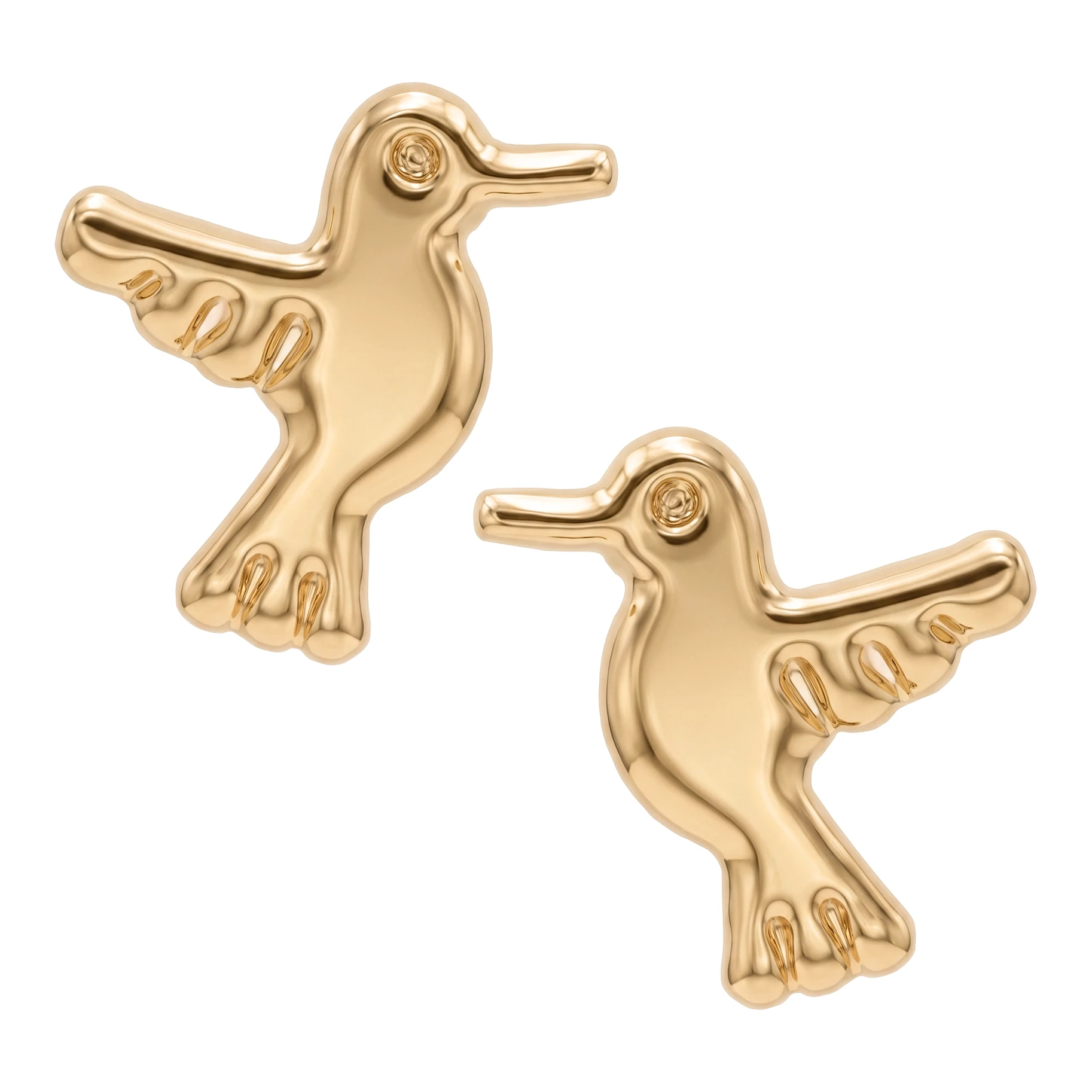 Broqueles de colibrí oro 10k amarillo nacional con silueta de ave liso y seguro broche a rosca para mujer vista de frente