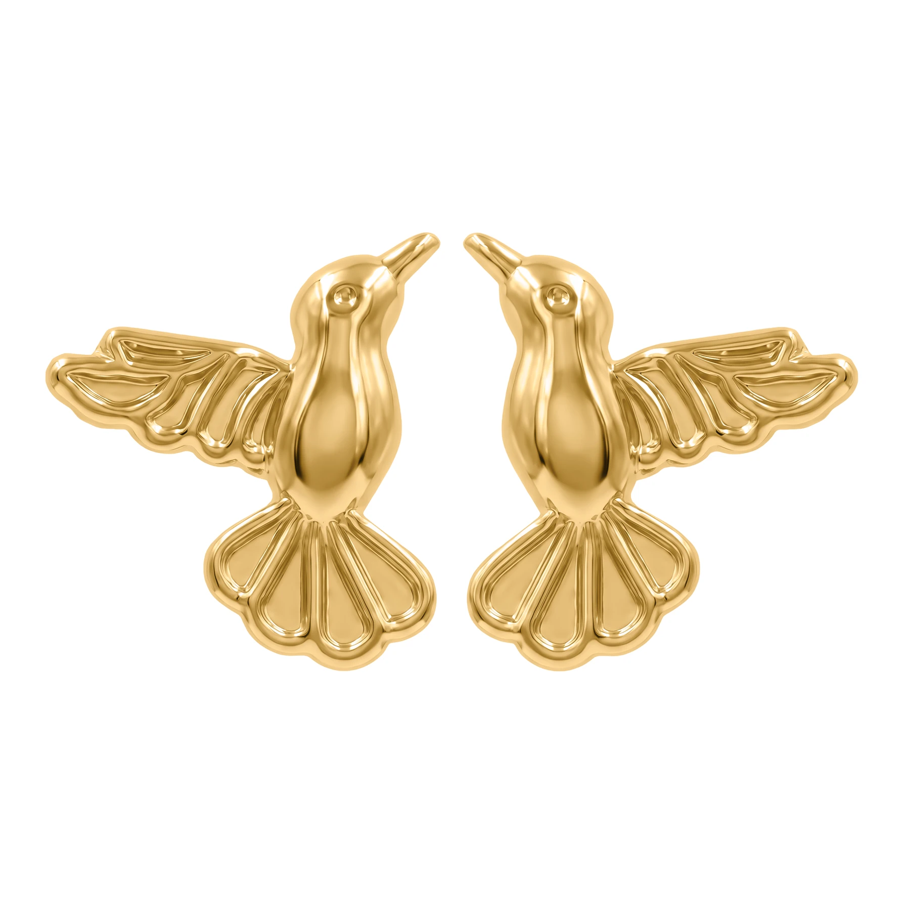 Broqueles colibri oro 10k amarillo acabado liso, aretes pequenos silueta ave con broche a rosca para mujer Joyaris