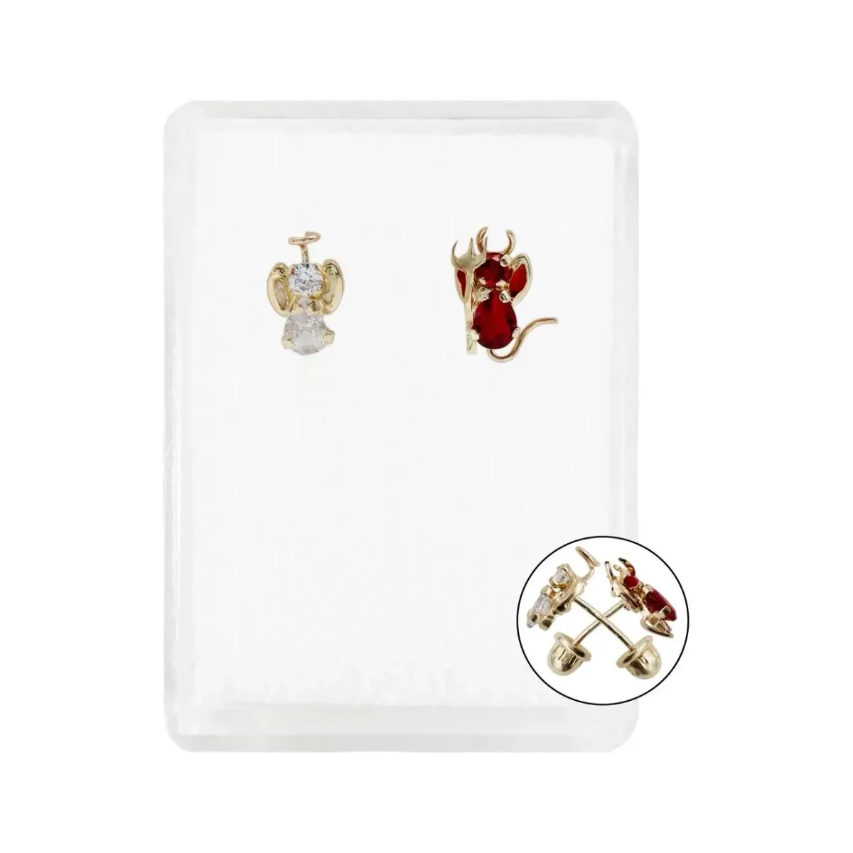 Aretes broquel oro 10k nacional, diseño Ángel y Demonio, unisex, broqueles modernos con zirconia, joyería fina oro 10k.