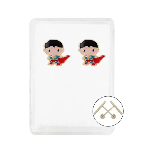 Aretes Broquel Diseño Cómic Oro 10k Esmalte Rojo y Azul - Imagen 1
