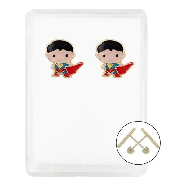 Aretes Broquel Diseño Cómic Oro 10k Esmalte Rojo y Azul - Imagen 1
