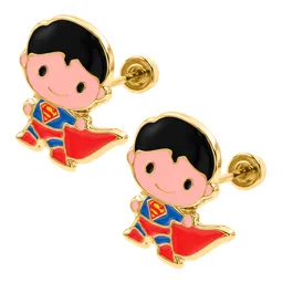 Aretes Broquel Oro 10k Diseño Cómic Esmalte Rojo y Azul - Imagen 3