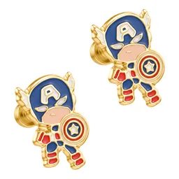 Aretes Broquel Oro 10k Diseño Héroe Azul - Imagen 2