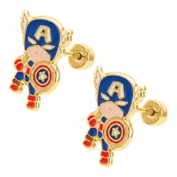 Aretes Broquel Oro 10k Diseño Héroe Azul - Imagen 3