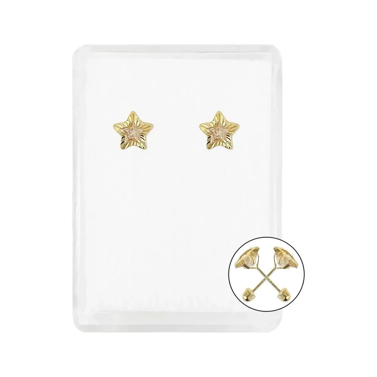 Aretes broquel oro 10k amarillo con diseño de estrella diamantada y zirconia brillante. Joyería de oro 10k minimalista.