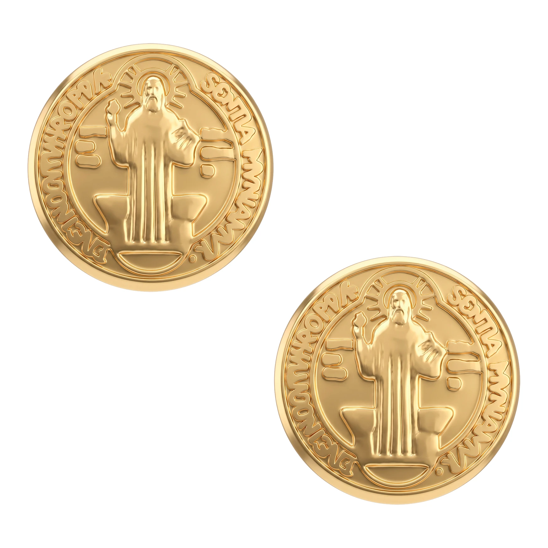 Broqueles San Benito oro 10k amarillo para dama, aretes botón acabado liso con medalla religiosa y broche seguro a rosca