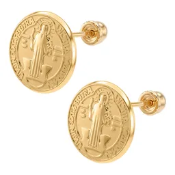 Aretes Broquel Oro 10k Medalla San Benito para Mujer - Imagen 3
