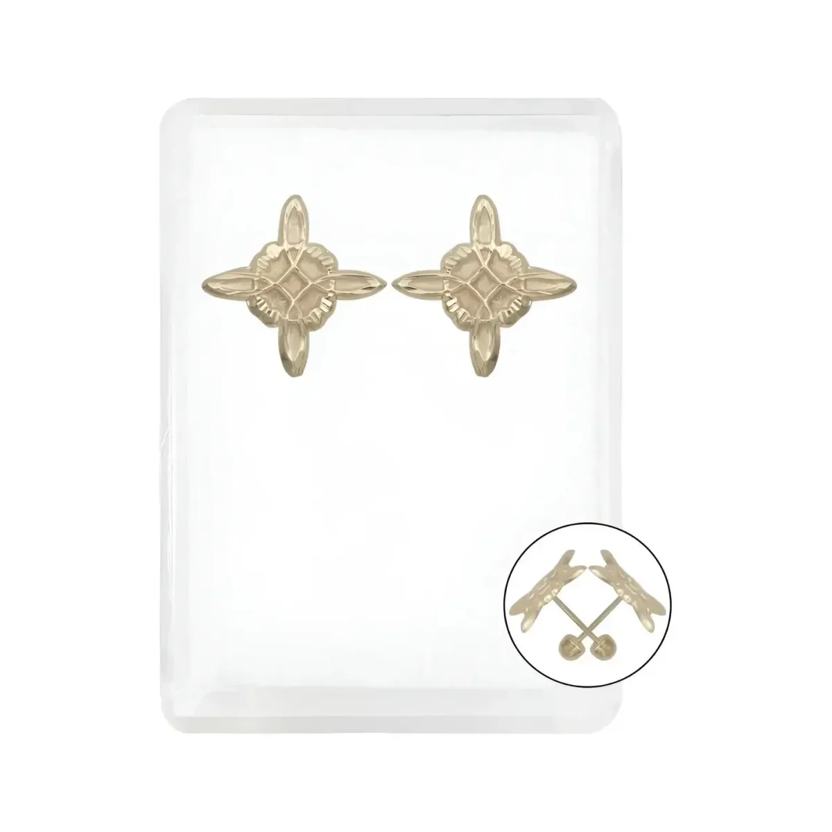 Aretes broquel oro 10k Nudo Bruja modernos, diseño arenado diamantado. Joyería de oro 10k elegante y en tendencia para mujer.