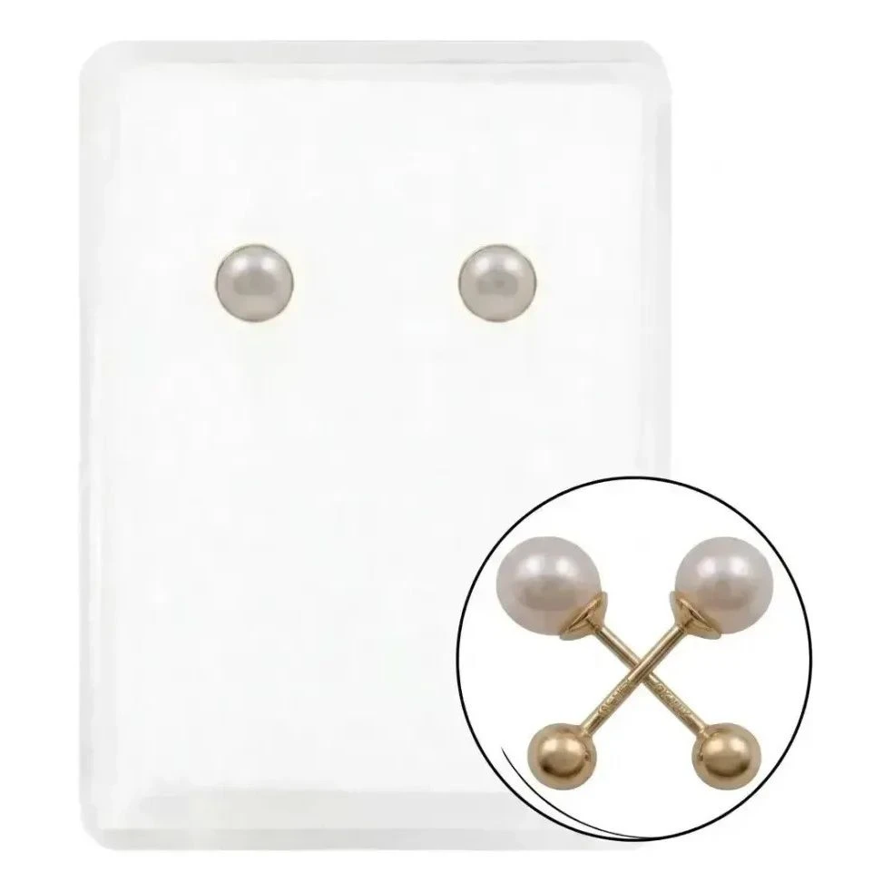 Aretes broquel oro amarillo 10k con perla natural bola 4mm blanca, poste de 0.8 cm, broche a rosca y acabado liso brillante