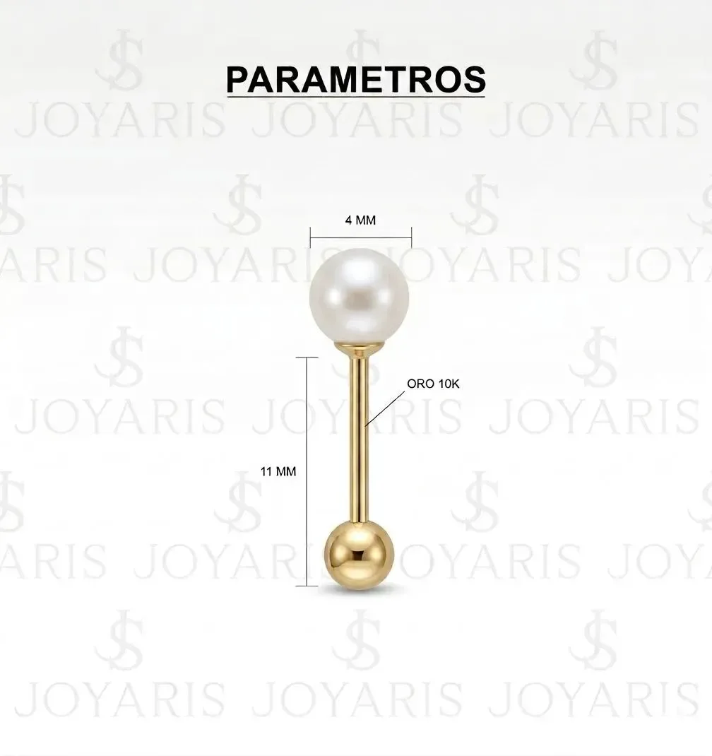 Aretes Broquel Oro 10k Perla Natural Bola 4mm - Imagen 2