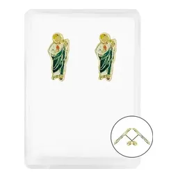 Aretes Broquel Oro 10k San Judas Esmaltado Dije Religioso Mujer - Imagen 1