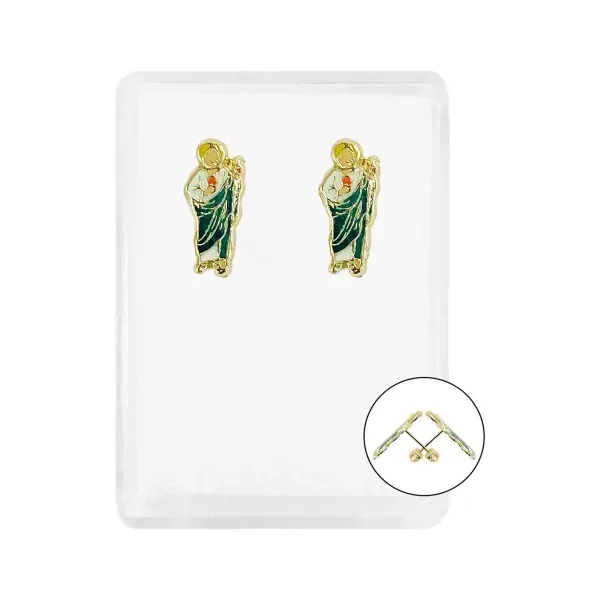 Aretes Broquel Oro 10k San Judas Esmaltado Dije Religioso Mujer - Imagen 1