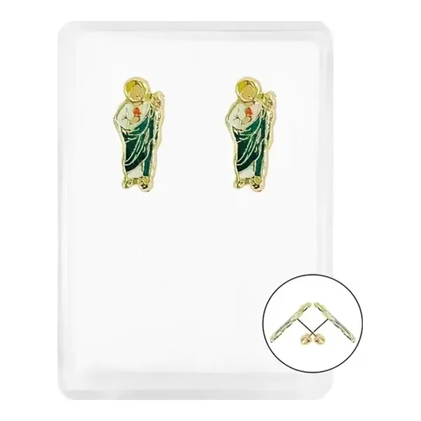 Aretes Broquel Oro 10k San Judas Esmaltado Dije Religioso Mujer - Imagen 1