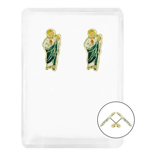 Aretes Broquel Oro 10k San Judas Esmaltado Dije Religioso Mujer - Imagen 1