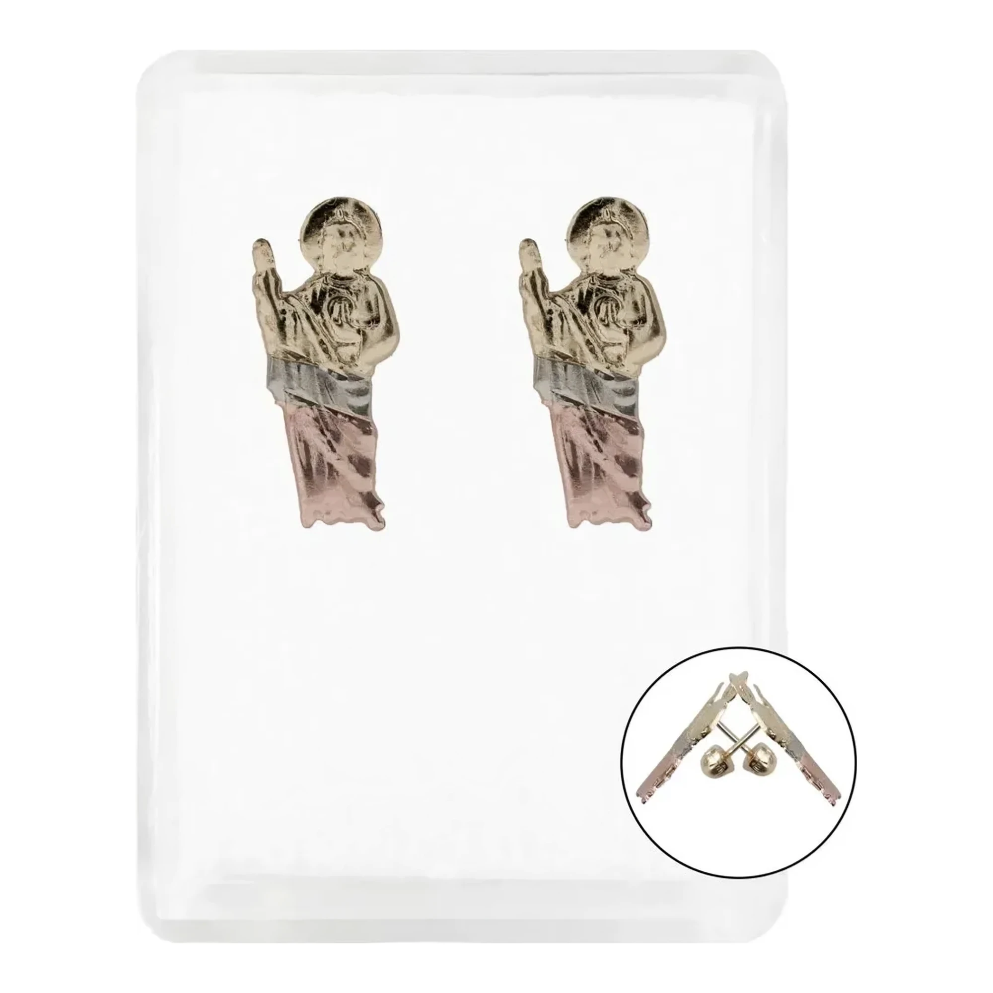 Aretes broquel oro 10k San Judas Tadeo Florentino para mujer, con diseño religioso detallado. Joyería para mamá, oro 10k de c