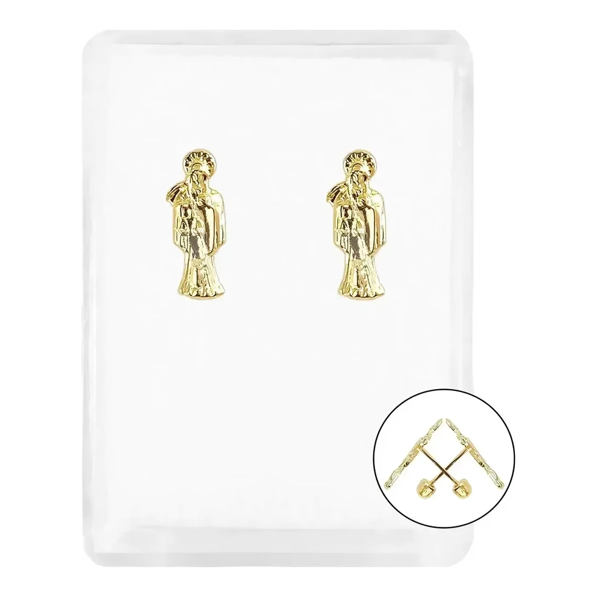Aretes broquel Santa Muerte oro 10k liso troquel para mujer con broche a rosca seguro, silueta devocional en oro amarillo