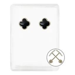 Aretes Broquel Oro 10k Trébol Esmaltado Negro - Imagen 1