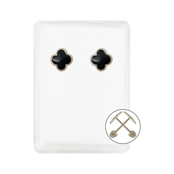 Aretes Broquel Oro 10k Trébol Esmaltado Negro - Imagen 1