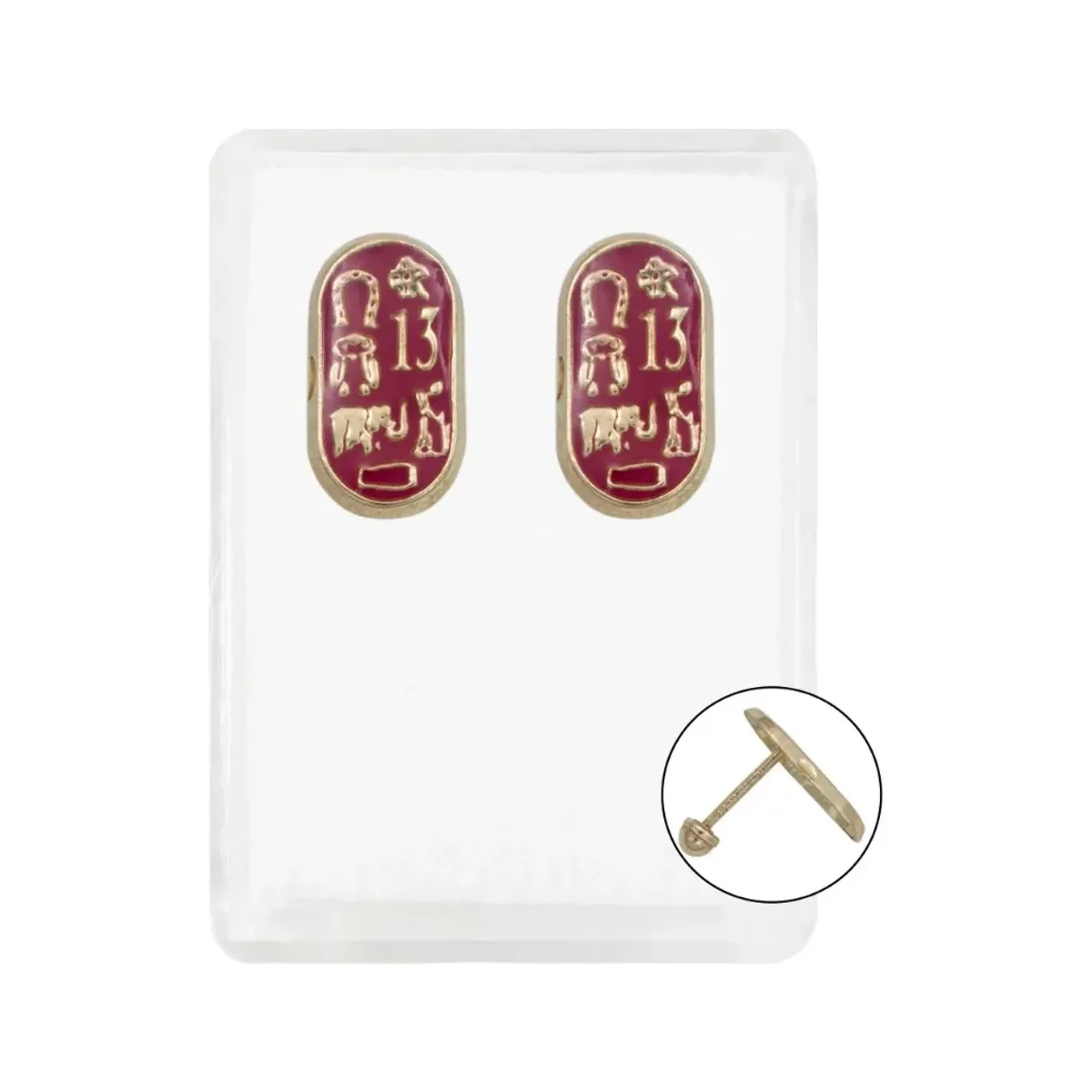 Aretes broquel oro 10k trébol esmaltado rojo, joyería fina minimalista. Diseño unisex con significado, de moda
