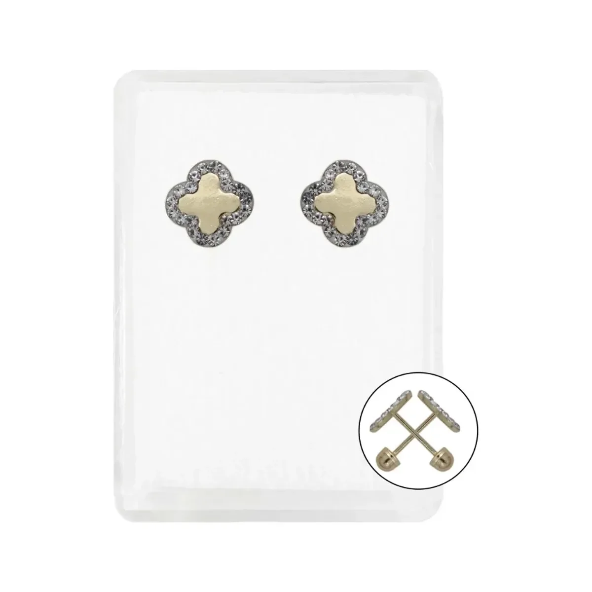 Par de aretes broquel oro 10k para mujer, diseño trébol flor con zirconia brillante de 8mm. Joyería mexicana oro 10k moderna.