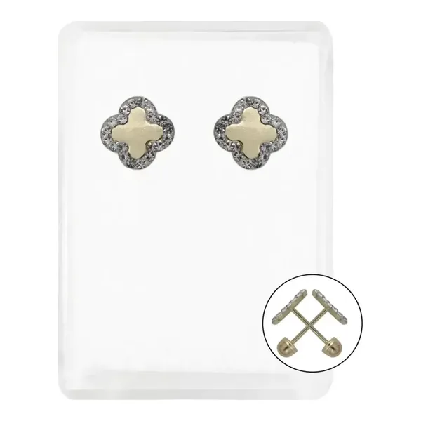 Aretes Broquel Oro 10k Trébol Flor Zirconia 8mm - Imagen 1
