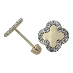 Aretes Broquel Oro 10k Trébol Flor Zirconia 8mm - Imagen 4