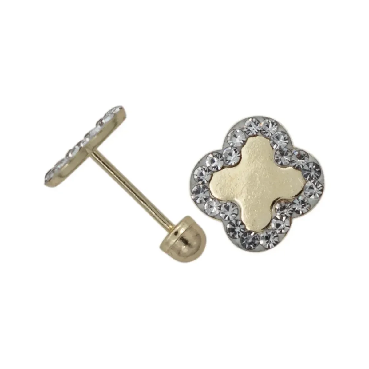 Aretes Broquel Oro 10k Trébol Flor Zirconia 8mm - Imagen 4