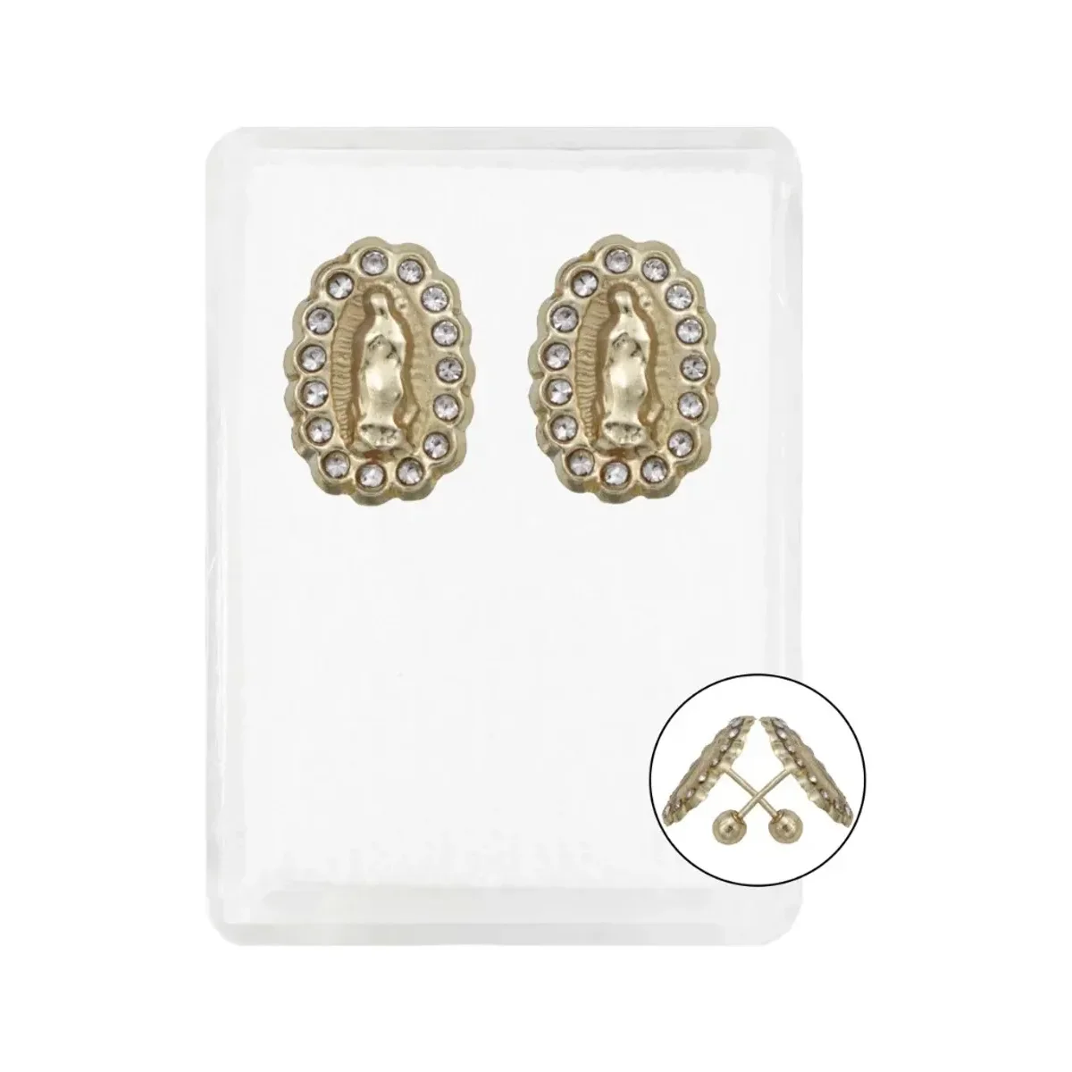 Aretes Broquel Oro 10k Virgen Guadalupe Zirconia Transparente. Joyería religiosa oro 10k con diseño, pendientes oro 10k moder