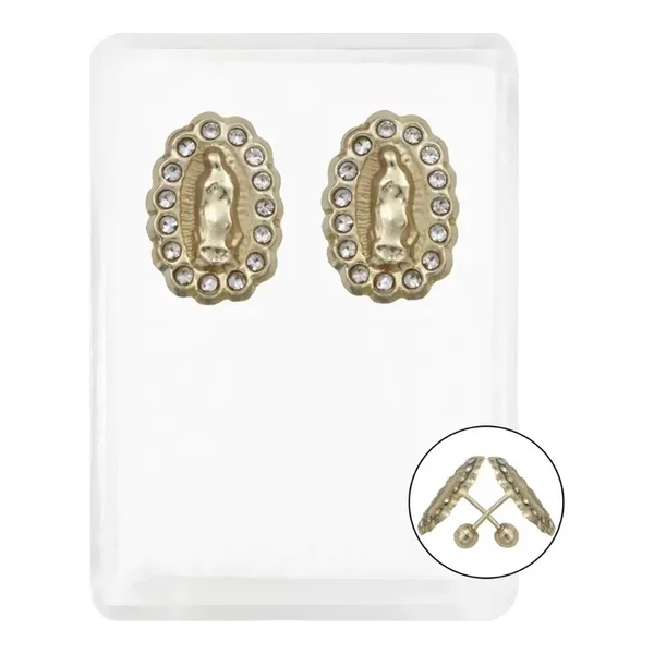 Aretes Broquel Oro 10k Virgen Guadalupe Zirconia Transparente - Imagen 1