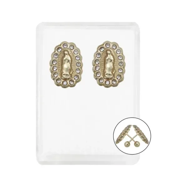 Aretes Broquel Oro 10k Virgen Guadalupe Zirconia Transparente - Imagen 1