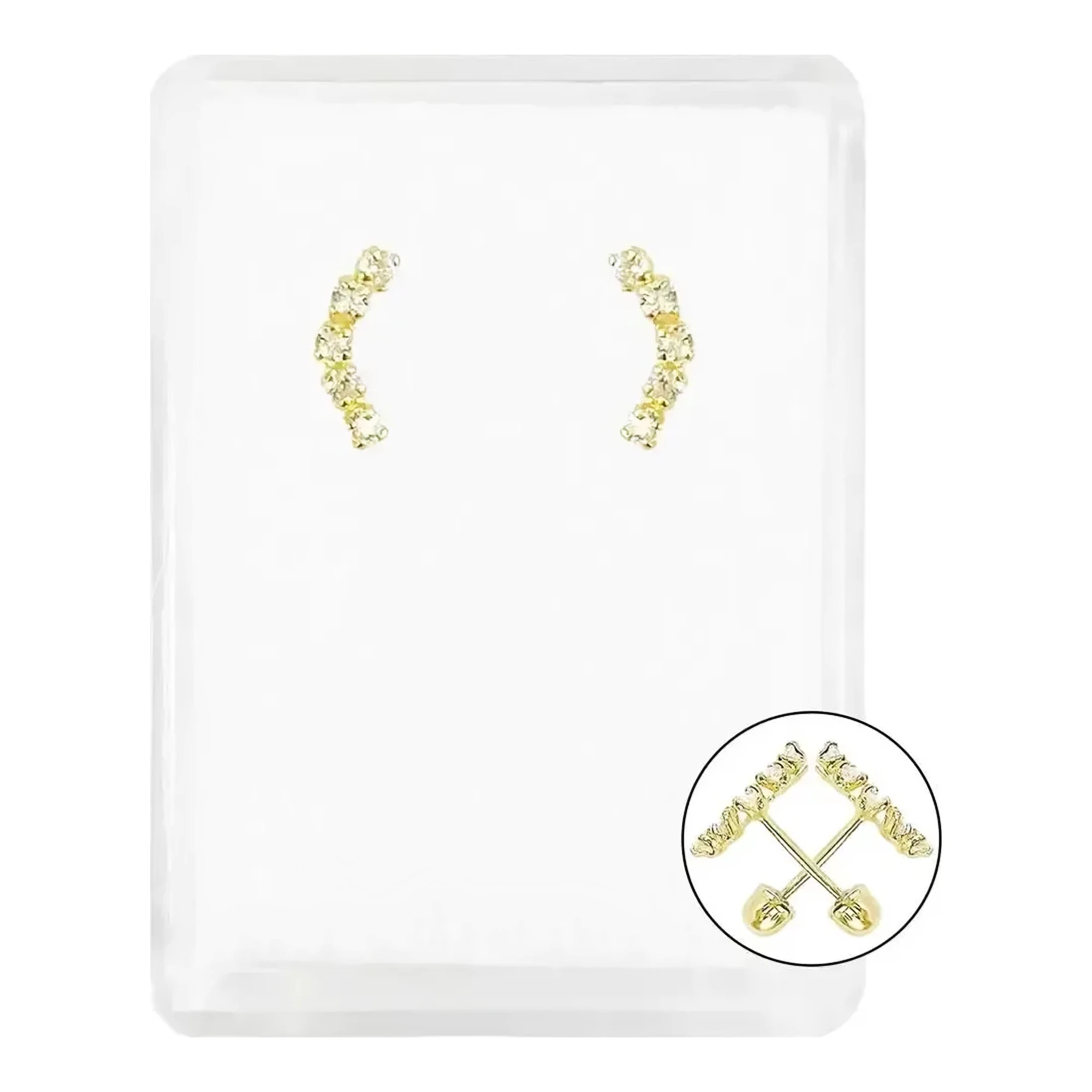 Aretes broquel de oro 10k con zirconia blanca acabado pulido diseño lambada y broche de rosca para mujer