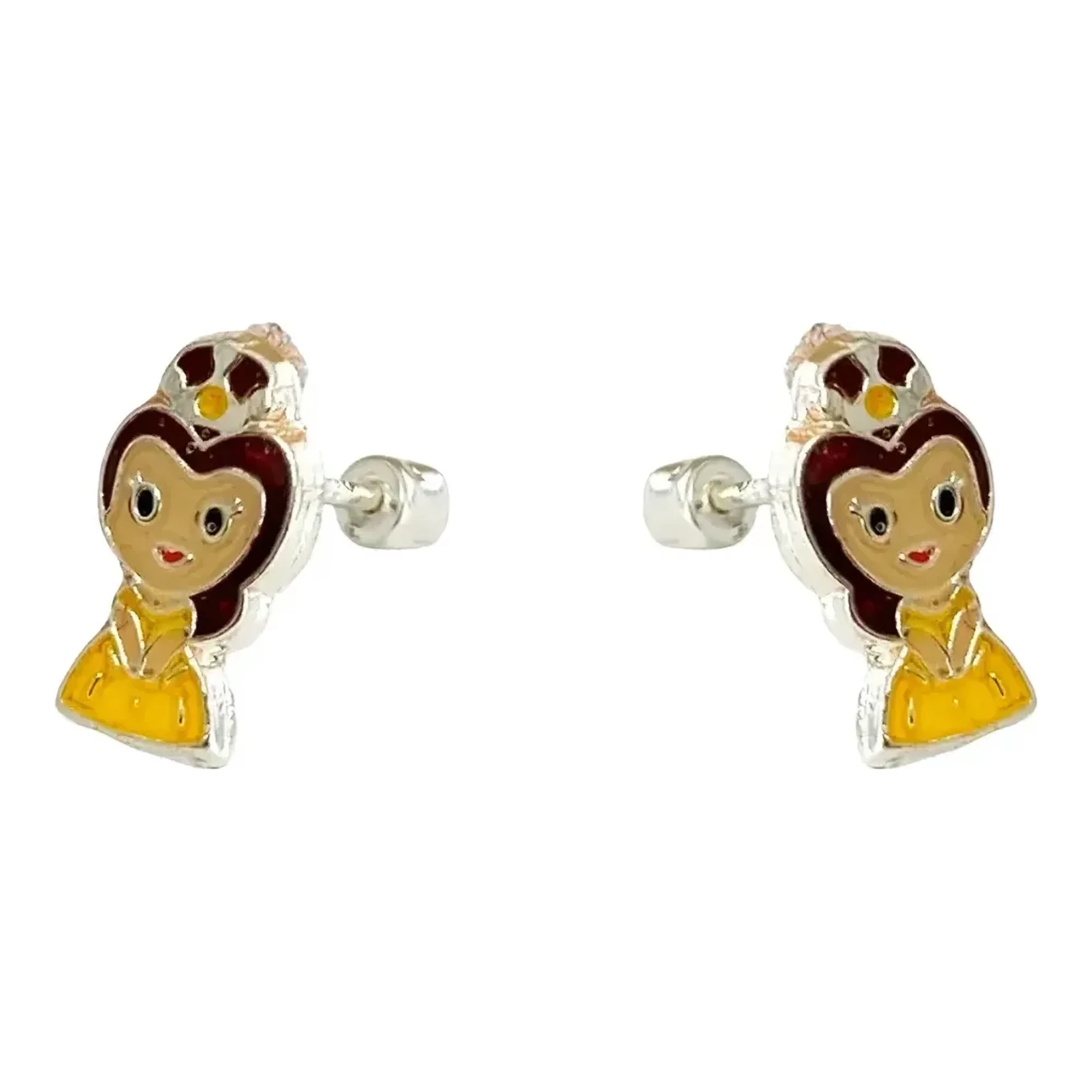 Broqueles de plata .925 con baño de oro y acabado esmaltado dorado, aretes diseño princesa con broche a rosca para mujer