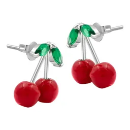 Aretes Broquel Plata 925 Diseño Cereza Roja Fina - Imagen 1