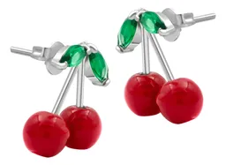Aretes Broquel Plata 925 Diseño Cereza Roja Fina - Imagen 1