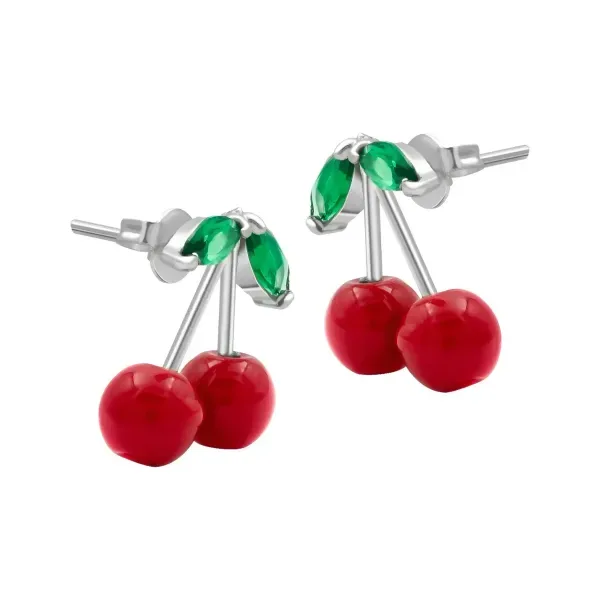 Aretes Broquel Plata 925 Diseño Cereza Roja Fina - Imagen 1