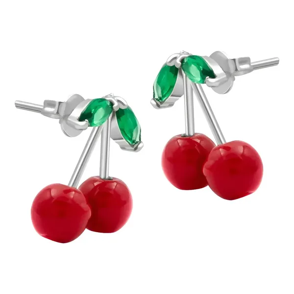 Aretes Broquel Plata 925 Diseño Cereza Roja Fina - Imagen 1